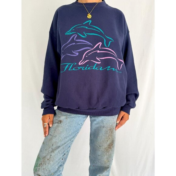 90s vintage blue dolphins florida USA souvenir graphic cozy pullover sweatshirt - Picture 2 of 9